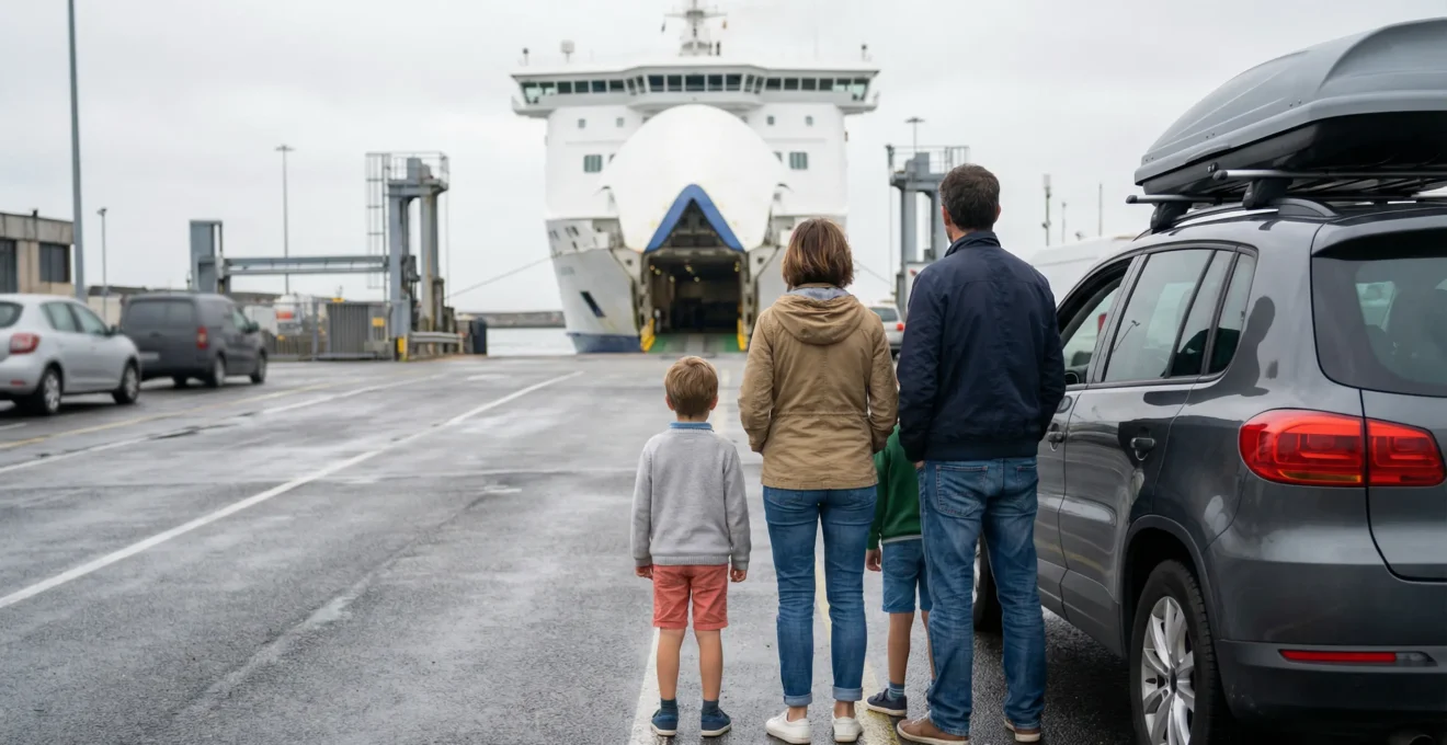 Famille attendant l'embarquement avec leur véhicule au port de Toulon