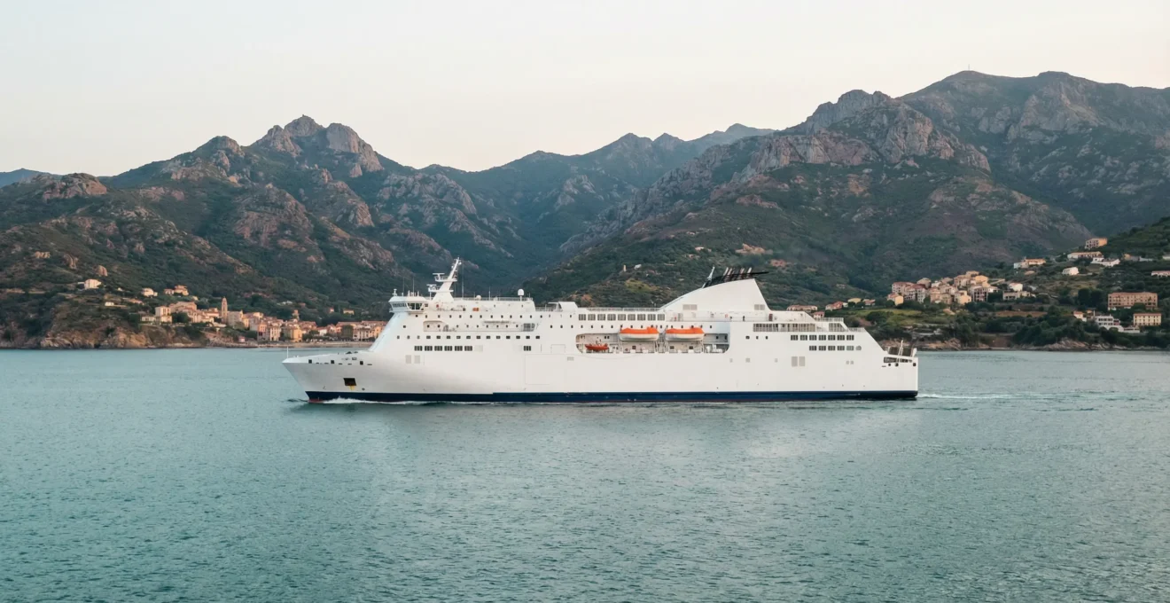 Ferry traversant la Méditerranée vers les côtes montagneuses de Corse