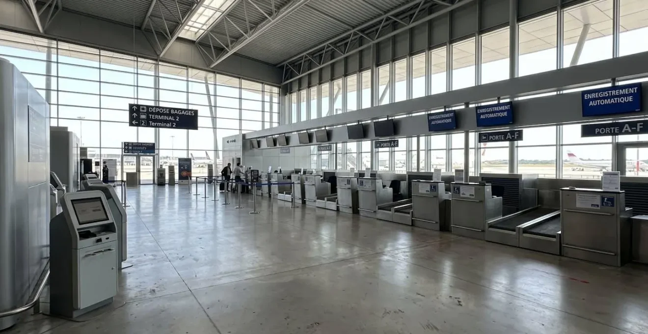 Large hall d'aéroport moderne avec zone de bagages et valises, architecture contemporaine aux lignes épurées baignée de lumière naturelle