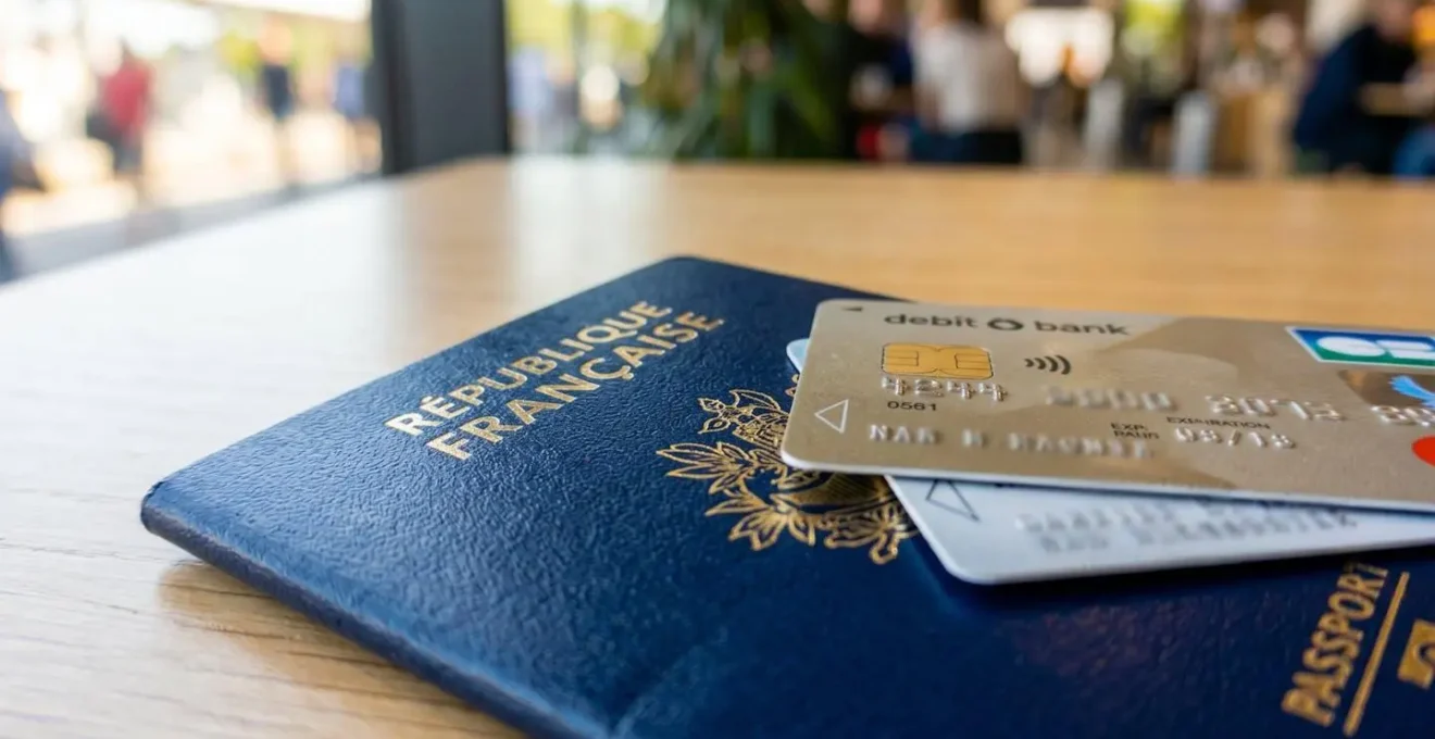 Gros plan de plusieurs cartes bancaires Visa et Mastercard posées sur un passeport français ouvert, avec une faible profondeur de champ