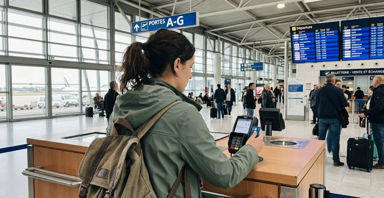 Un voyageur vu de dos utilisant sa carte bancaire à un terminal de paiement dans un environnement d'aéroport moderne aux lignes épurées