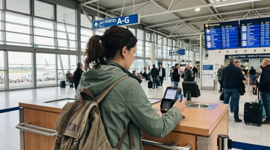 Un voyageur vu de dos utilisant sa carte bancaire à un terminal de paiement dans un environnement d'aéroport moderne aux lignes épurées