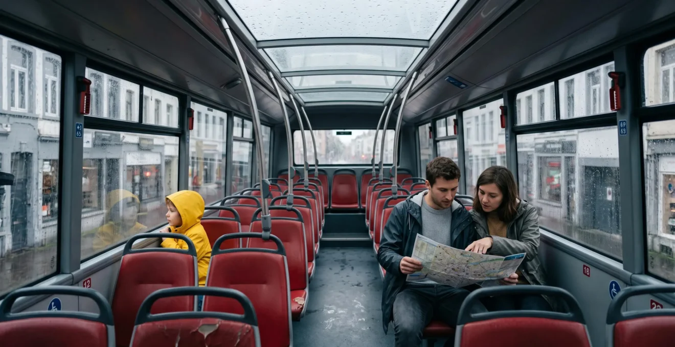 Passagers assis sous le toit couvert de l'étage supérieur d'un bus touristique électrique pendant une pluie à Bruxelles.