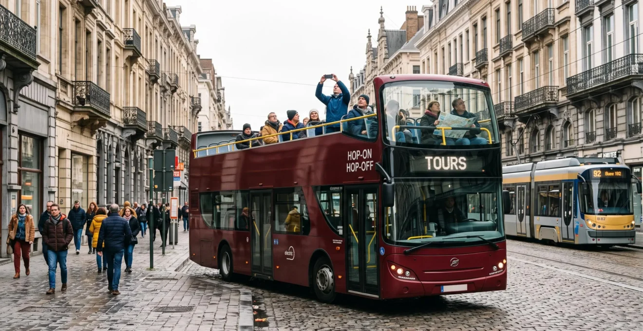 Un bus touristique à impériale à toit ouvert stationne sur un boulevard de Bruxelles, avec quelques visiteurs assis à l'étage découvert.