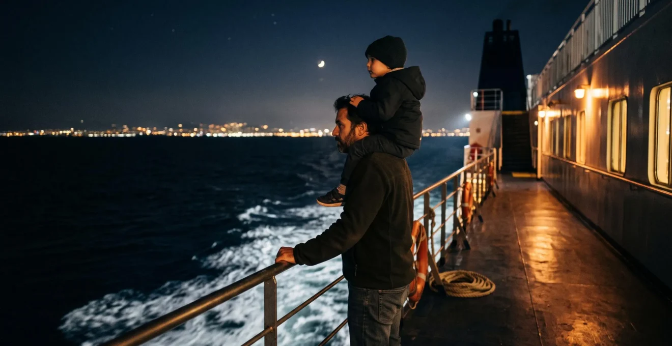 Un père avec un enfant sur les épaules regarde l'horizon nocturne depuis le pont extérieur d'un ferry.