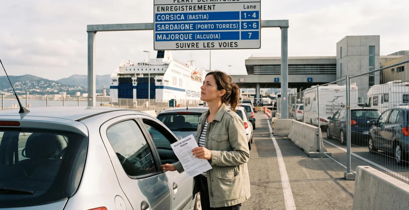 Une femme debout près de sa voiture sur un quai de gare maritime lit un panneau d'affichage des départs de ferry.
